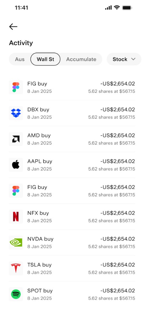 Trade activity screen listing recent buy orders